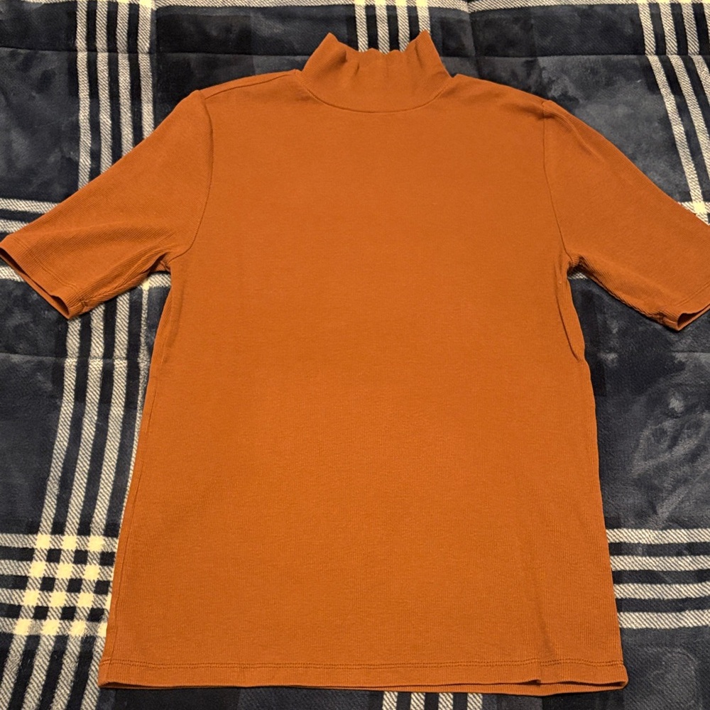 Loft Ribbed Rust Orange Mock Neck Top